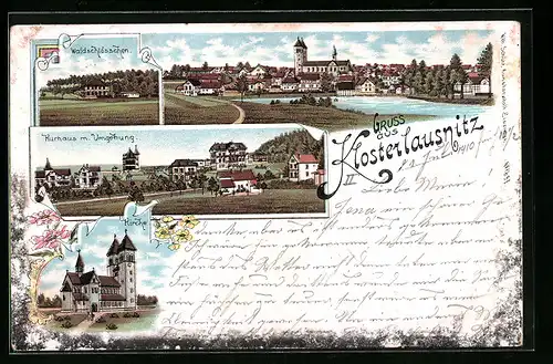 Lithographie Klosterlausnitz, Kurhaus mit Umgebung, Waldschlösschen, Kirche