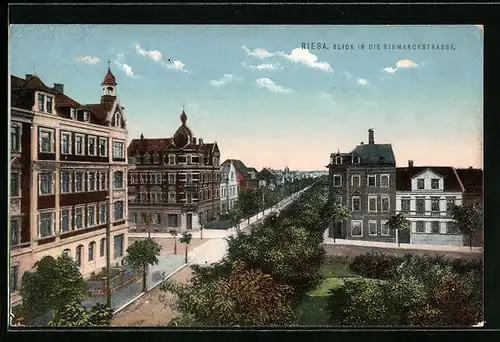 AK Riesa, Bismarckstrasse mit Bäumen