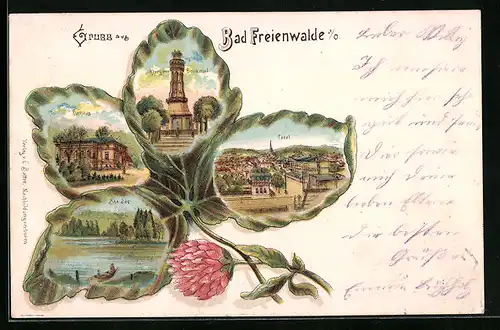 Passepartout-Lithographie Bad Freienwalde a. O., Kurhaus, Baa-See und Krieger-Denkmal im Kleeblatt