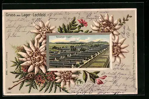 Lithographie Lager-Lechfeld, Baracken-Lager aus der Vogelschau, Blumenstrauss