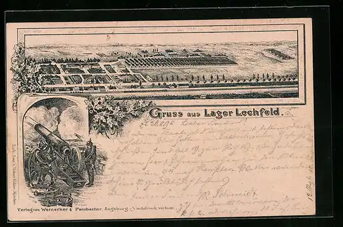 Lithographie Lager-Lechfeld, Baracken-Lager aus der Vogelschau, Kanoniere