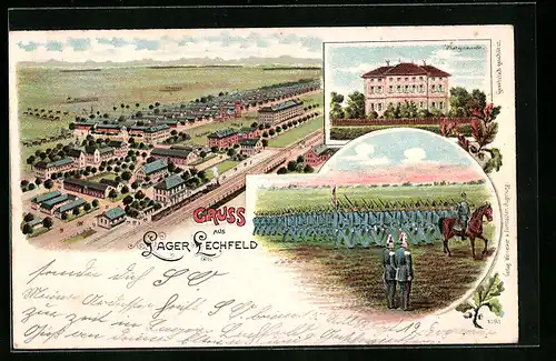 Lithographie Lager-Lechfeld, Marschierende Soldaten, Baracken-Lager aus der Vogelschau