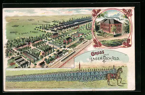 Künstler-AK Lager-Lechfeld, Marschierende Soldaten, Baracken-Lager aus der Vogelschau, Platzcommando