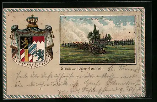 Lithographie Lager-Lechfeld, Batterie in Feuerstellung, Wappen