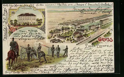 Lithographie Lager-Lechfeld, Gesamtansicht, Platzkommando, Kanoniere