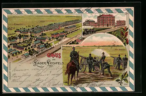 Lithographie Lager-Lechfeld, Gesamtansicht aus der Vogelschau, Platzkommando