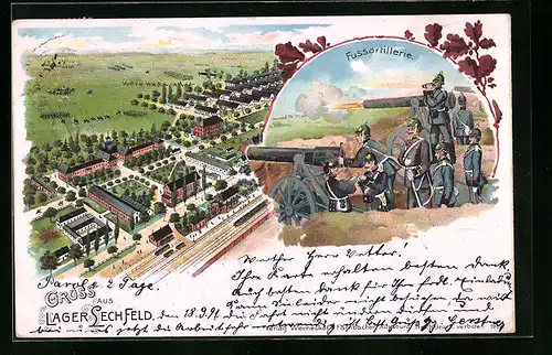 Lithographie Lager-Lechfeld, Ortsansicht aus der Vogelschau, Fussartillerie