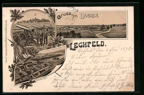 Lithographie Lager-Lechfeld, Fussartillerie, Ortspanorama, Lager aus der Vogelschau