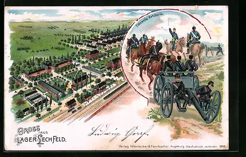 Lithographie Lager-Lechfeld, Ortsansicht aus der Vogelschau, Fahrende Artillerie