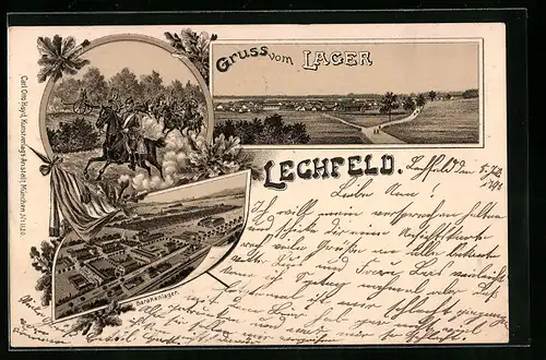 Lithographie Lager-Lechfeld, Barackenlager, Kavallerie, Panorama