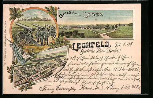 Lithographie Lager-Lechfeld, Panorama, Artillerie, Barackenlager aus der Vogelschau