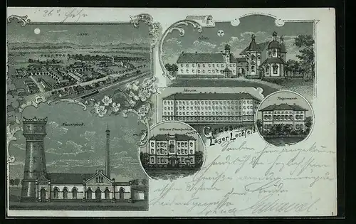 Mondschein-Lithographie Lager-Lechfeld, Wasserwerk, Gesamtansicht, Kloster