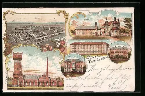 Lithographie Lager-Lechfeld, Wasserwerk, Gesamtansicht, Kloster, Offiziers-Dienstgebäude