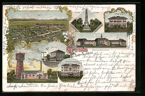 Lithographie Lager-Lechfeld, Obelisk, Wasserwerk, Gesamtansicht, Bahnhof