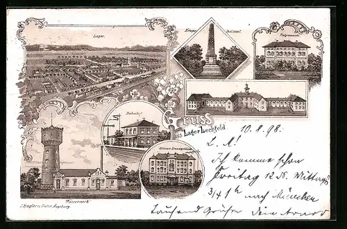 Lithographie Lager-Lechfeld, Bahnhof, Wasserwerk, Gesamtansicht, Kloster