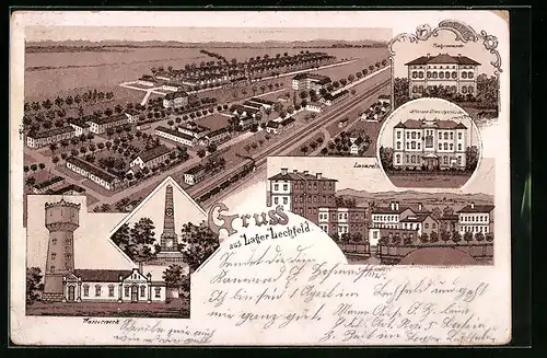 Lithographie Lager-Lechfeld, Wasserwerk, Gesamtansicht, Lazarett