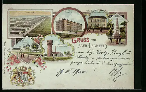 Lithographie Lager-Lechfeld, Wasserwerk, Barackenlager, Wappen