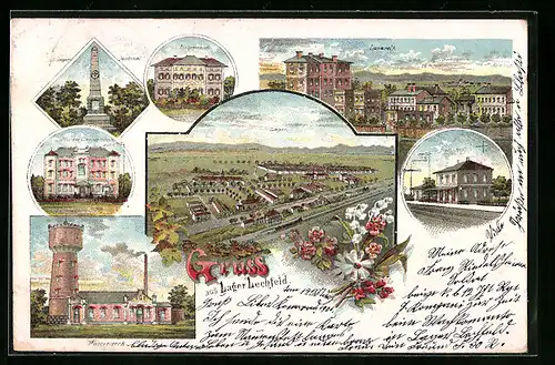 Lithographie Lager-Lechfeld, Wasserwerk, Barackenlager, Lazarett, Bahnhof