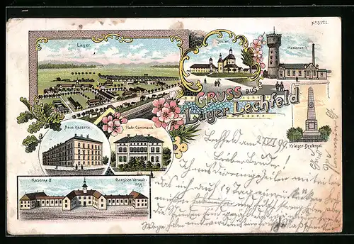 Lithographie Lager-Lechfeld, Wasserwerk, Gesamtansicht, Kaserne II / Garnisonverwaltung