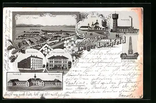 Lithographie Lager-Lechfeld, Wasserwerk, Barackenlager, Kloster