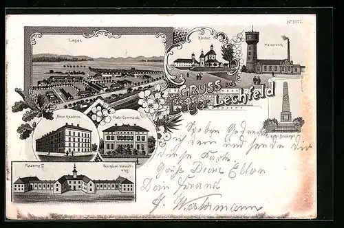Lithographie Lager-Lechfeld, Wasserwerk, Barackenlager, Neue Kaserne