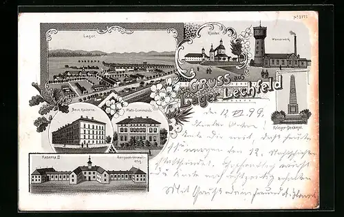 Lithographie Lager-Lechfeld, Wasserwerk, Barackenlager, Kloster