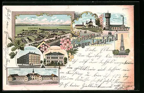 Lithographie Lager-Lechfeld, Wasserwerk, Barackenlager aus der Vogelschau, Neue Kaserne