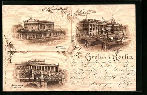 Lithographie Berlin, Nationalgalerie, Friedrichsbrücke und Börse