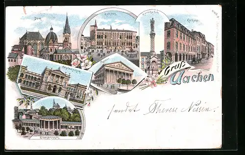 Lithographie Aachen, Kurhaus, Dom, Polytechnikum