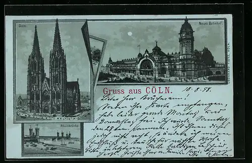 Mondschein-Lithographie Cöln, Neuer Bahnhof, Dom und Rheinbrücke