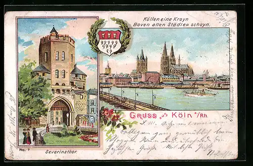 Lithographie Köln /Rh., Panorama mit Rheinbrücke, Severinsthor, Wappen