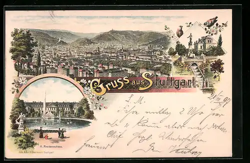 Lithographie Stuttgart, Ortsansicht aus der Vogelschau, Residenzschloss