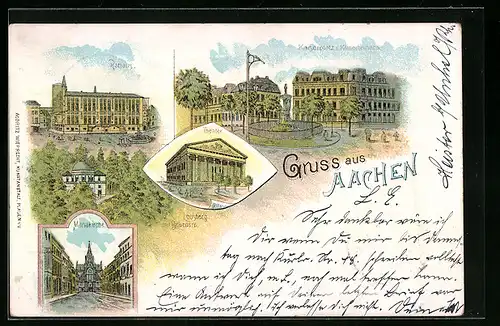 Lithographie Aachen, Kaiserplatz, Rathaus, Mariakirche