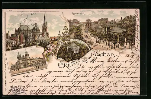 Lithographie Aachen, Elisenbrunnen mit Strasse, Dom, Kasernen