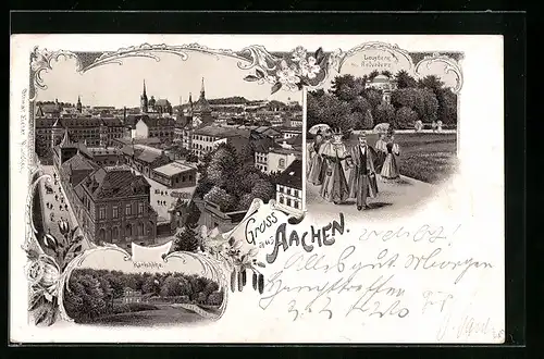 Lithographie Aachen, Teilansicht aus der Vogelschau, Louisberg mit Belvedere und Spaziergängern
