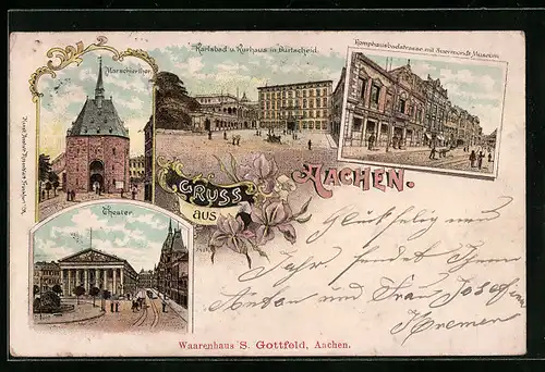 Lithographie Aachen, Theater, Marschierthor, Karlsbad und Kurhaus in Burtscheid