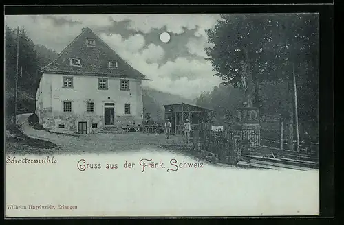 Mondschein-AK Schottermühle /Fränk. Schweiz, Blick auf ein Gasthaus