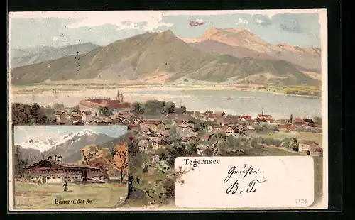 Lithographie Tegernsee, Bauer in der Au, Teilansicht mit Bergen