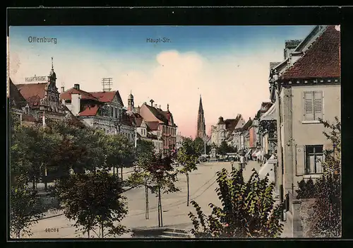AK Offenburg, Haupt-Str. mit Kirche