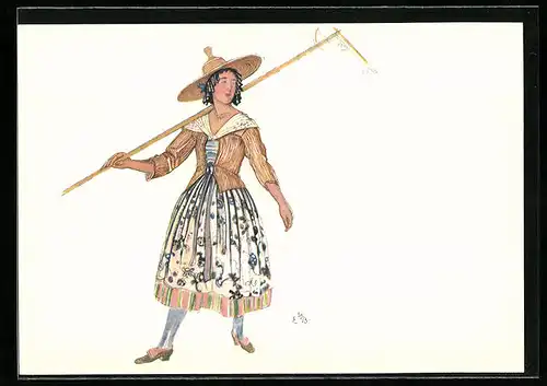 Künstler-AK sign. E. Biéler: Vevey, Fete des Vignerons 1927, Faneuse, Serie des Saisons, Frau in Tracht