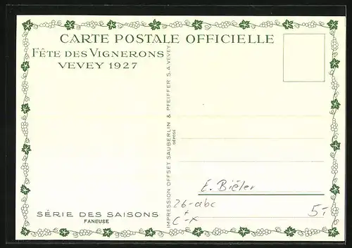 Künstler-AK sign. E. Biéler: Vevey, Fete des Vignerons 1927, Faneuse, Serie des Saisons, Frau in Tracht