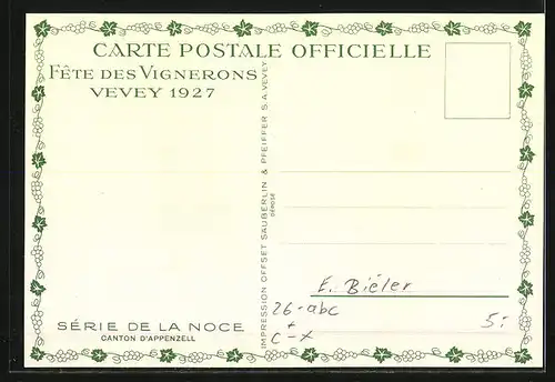 Künstler-AK sign. E. Biéler: Vevey, Fete des Vignerons 1927, Canton d`Appenzell, Serie de la Noce, Paar in Tracht