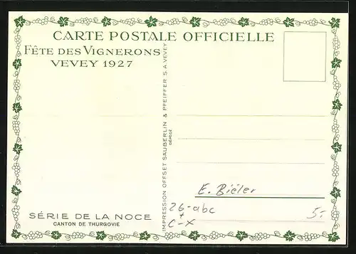 Künstler-AK sign. E. Biéler: Vevey, Fete des Vignerons 1927, Canton de Thurgovie, Serie de la Noce, Tracht