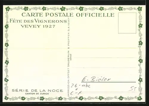 Künstler-AK sign. E. Biéler: Vevey, Fete des Vignerons 1927, Canton de Zurich, Serie de la Noce, Tracht
