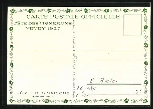 Künstler-AK sign. E. Biéler: Vevey, Fete des Vignerons 1927, Faune avec Bouc, Serie des Saisons