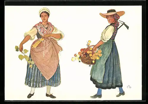 Künstler-AK sign. E. Biéler: Vevey, Fete des Vignerons 1927, Effeuilleuse et Jardiniere, Serie des Saisons