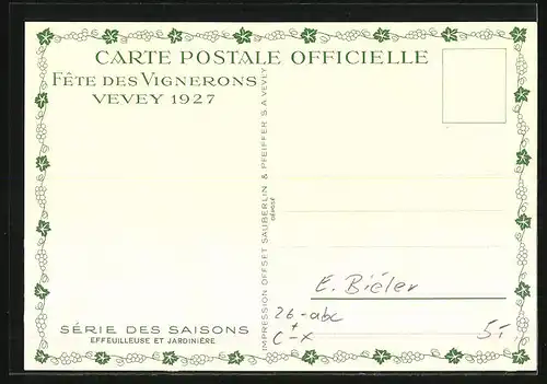 Künstler-AK sign. E. Biéler: Vevey, Fete des Vignerons 1927, Effeuilleuse et Jardiniere, Serie des Saisons
