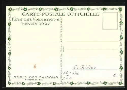 Künstler-AK sign. E. Biéler: Vevey, Fete des Vignerons 1927, Batteur de Ble, Serie des Saisons