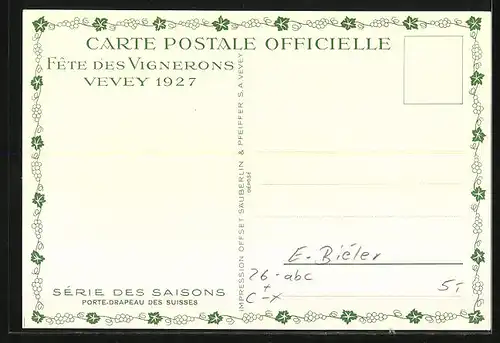 Künstler-AK sign. E. Biéler: Vevey, Fete des Vignerons 1927, Porte-Drapeau des Suisses, Serie des Saisons