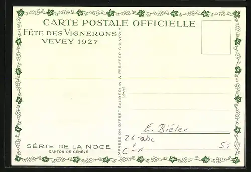 Künstler-AK sign. E. Biéler: Vevey, Fete des Vignerons 1927, Canton de Geneve, Serie de la Noce, Tracht